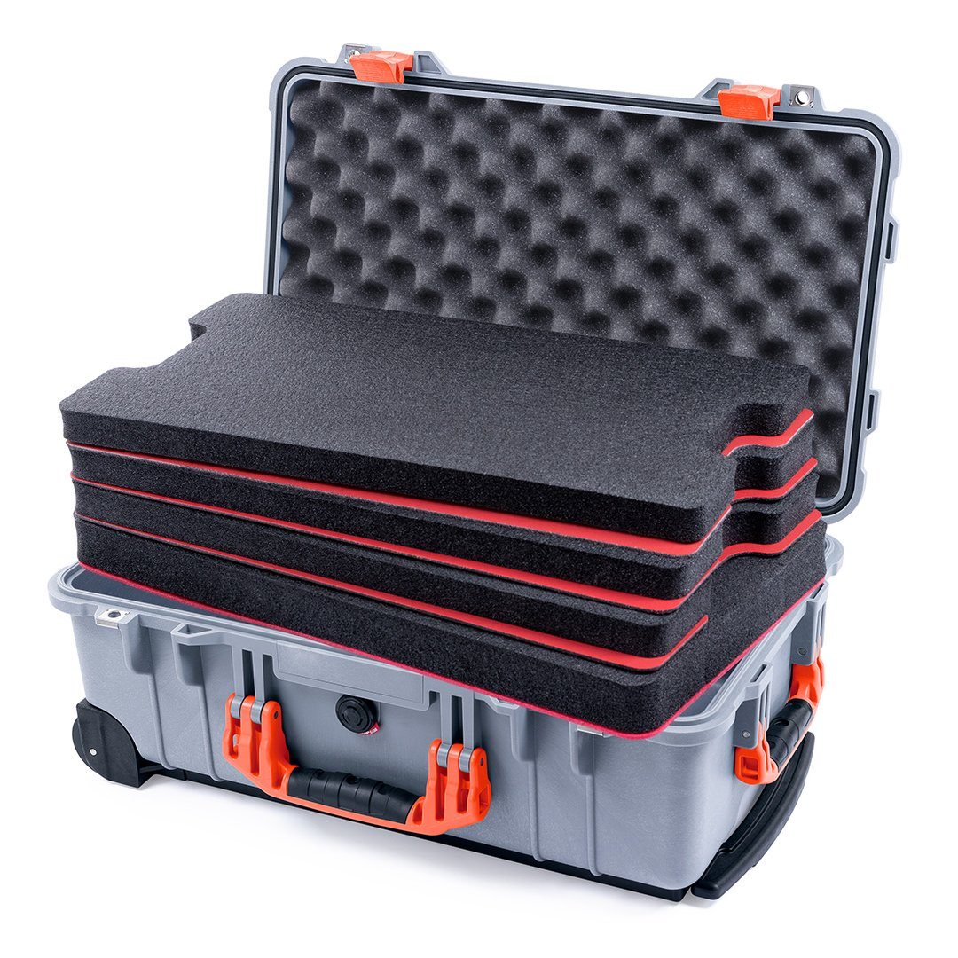 Pelican 1510 Case, Silver with Orange Handles &amp; Latches Custom Tool Kit (4 Foam Inserts with Convolute Lid Foam) ColorCase 015100-0060-180-150