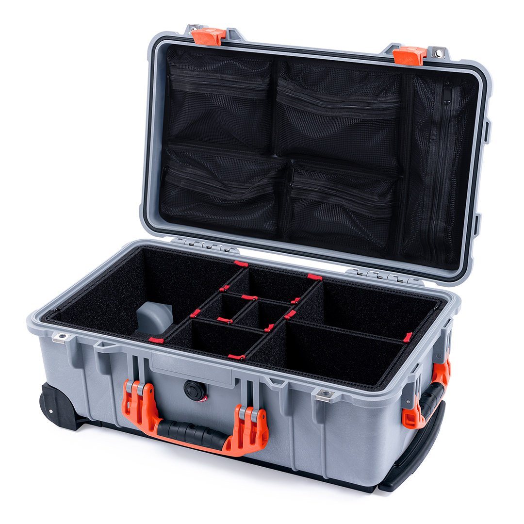 Pelican 1510 Case, Silver with Orange Handles &amp; Latches TrekPak Divider System with Mesh Lid Organizer ColorCase 015100-0120-180-150