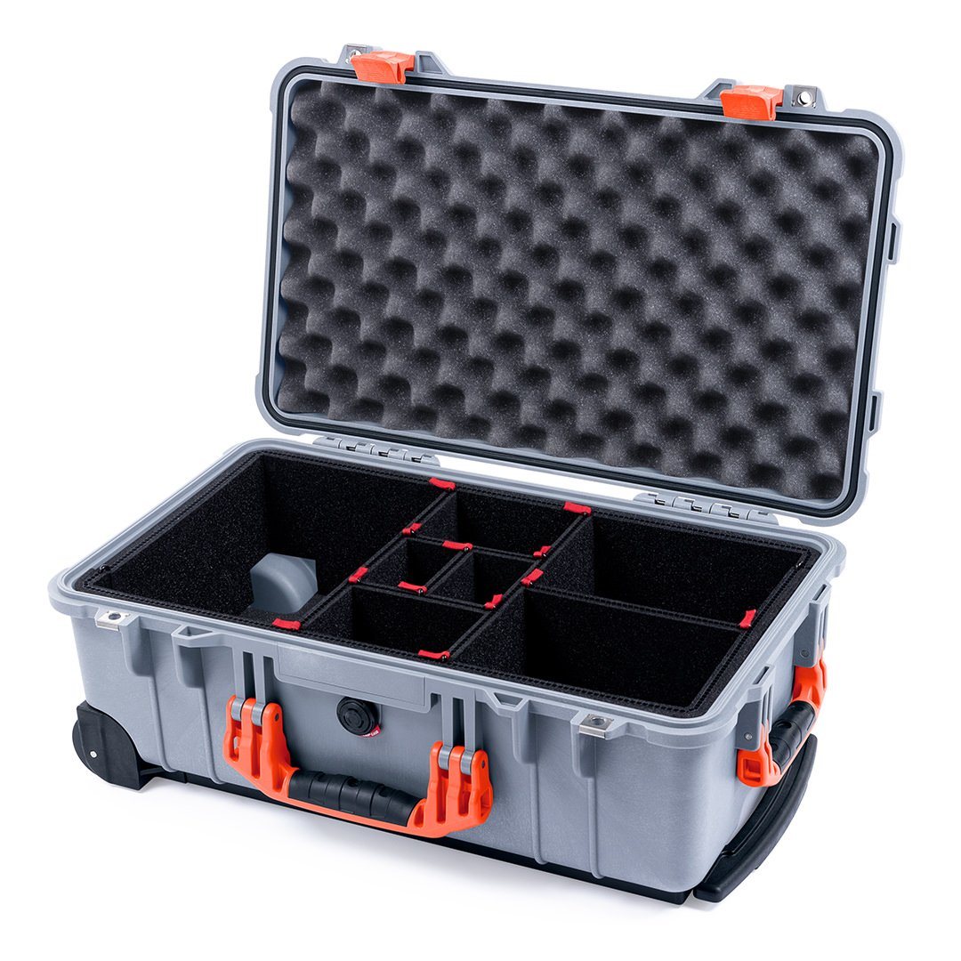 Pelican 1510 Case, Silver with Orange Handles &amp; Latches TrekPak Divider System with Convolute Lid Foam ColorCase 015100-0020-180-150