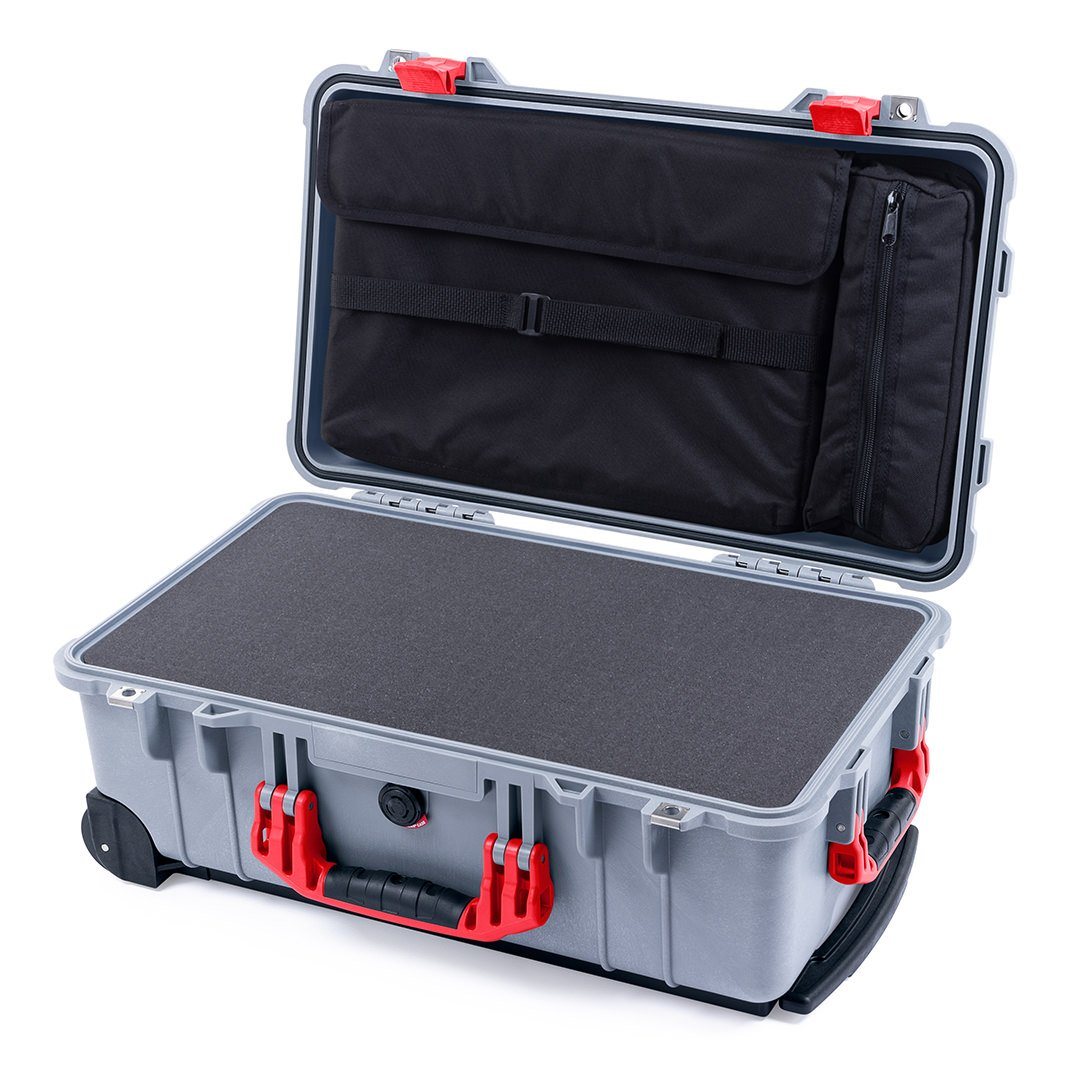 Pelican 1510 Case, Silver with Red Handles &amp; Latches Pick &amp; Pluck Foam with Computer Pouch ColorCase 015100-0201-180-320