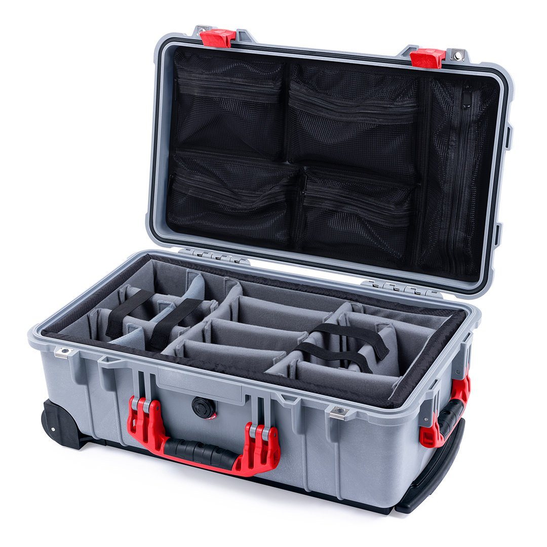 Pelican 1510 Case, Silver with Red Handles &amp; Latches Gray Padded Microfiber Dividers with Mesh Lid Organizer ColorCase 015100-0170-180-320