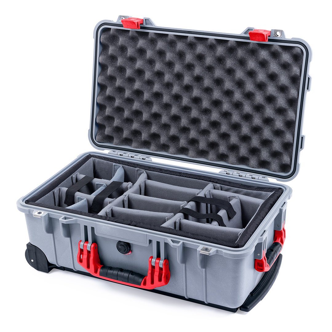 Pelican 1510 Case, Silver with Red Handles &amp; Latches Gray Padded Microfiber Dividers with Convolute Lid Foam ColorCase 015100-0070-180-320