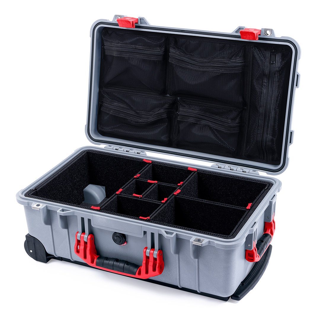 Pelican 1510 Case, Silver with Red Handles &amp; Latches TrekPak Divider System with Mesh Lid Organizer ColorCase 015100-0120-180-320