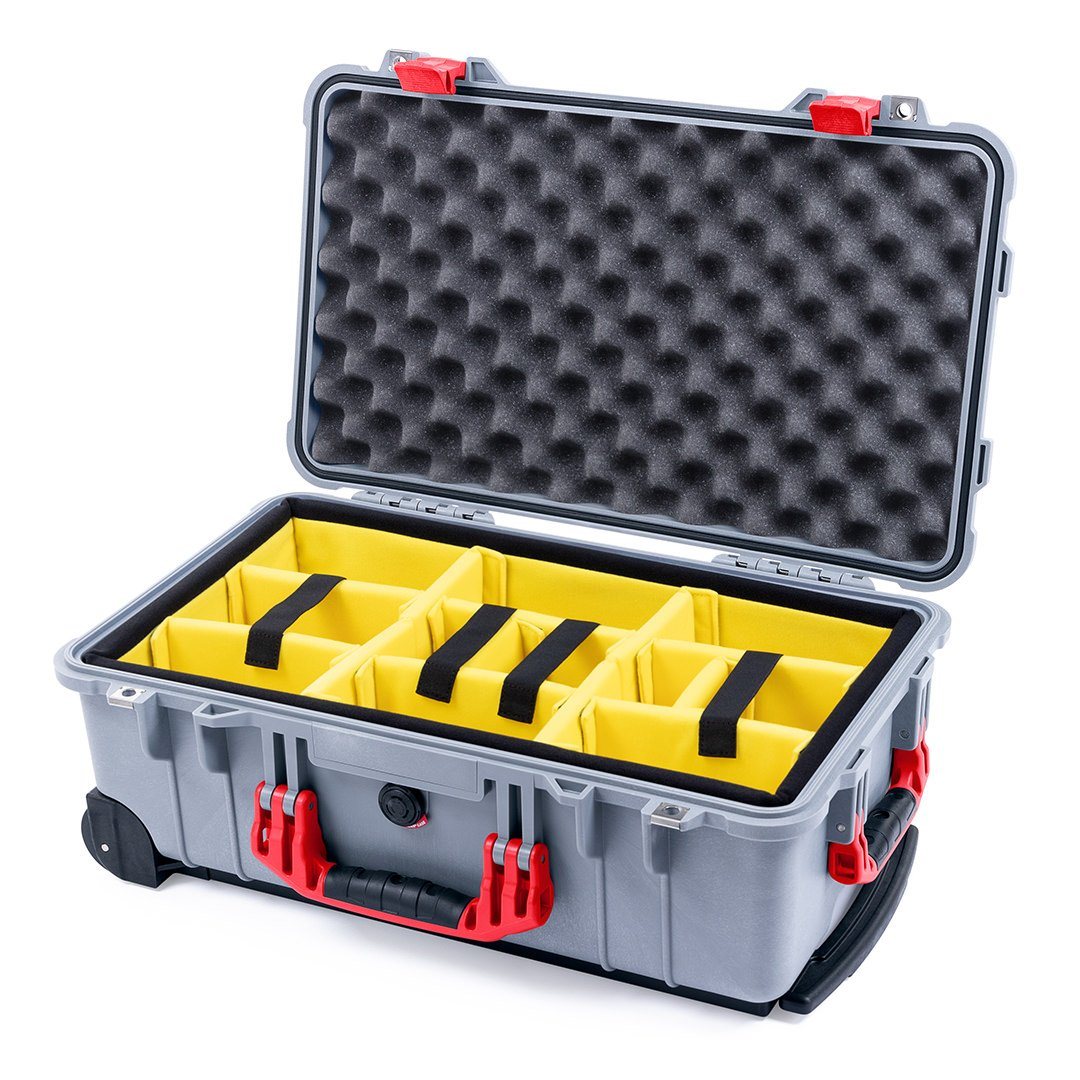 Pelican 1510 Case, Silver with Red Handles &amp; Latches Yellow Padded Microfiber Dividers with Convolute Lid Foam ColorCase 015100-0010-180-320