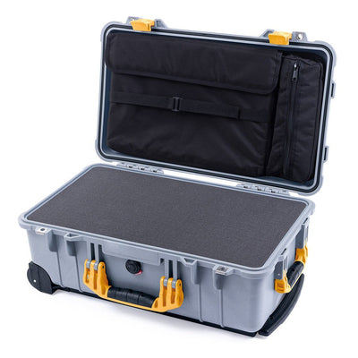 Pelican 1510 Case, Silver with Yellow Handles & Latches Pick & Pluck Foam with Computer Pouch ColorCase 015100-0201-180-240