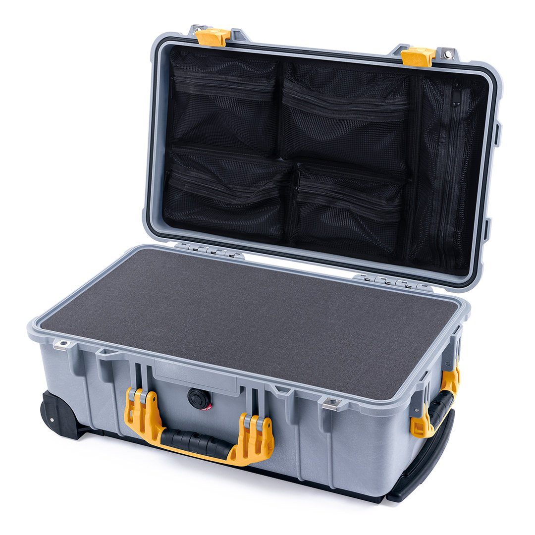 Pelican 1510 Case, Silver with Yellow Handles &amp; Latches Pick &amp; Pluck Foam with Mesh Lid Organizer ColorCase 015100-0101-180-240