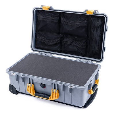 Pelican 1510 Case, Silver with Yellow Handles & Latches Pick & Pluck Foam with Mesh Lid Organizer ColorCase 015100-0101-180-240