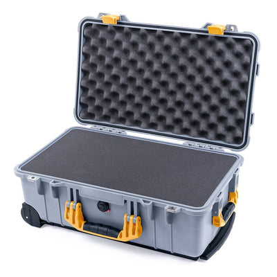 Pelican 1510 Case, Silver with Yellow Handles & Latches Pick & Pluck Foam with Convolute Lid Foam ColorCase 015100-0001-180-240