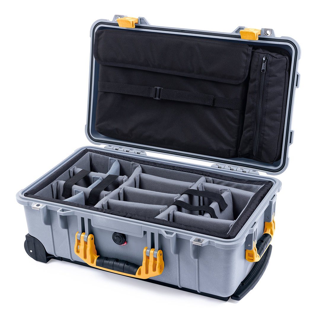 Pelican 1510 Case, Silver with Yellow Handles &amp; Latches Gray Padded Microfiber Dividers with Computer Pouch ColorCase 015100-0270-180-240