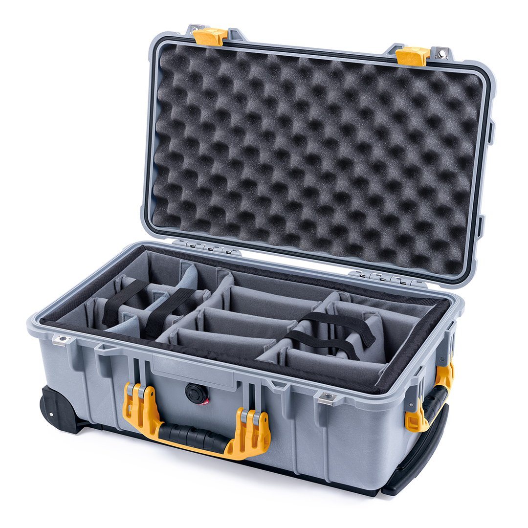 Pelican 1510 Case, Silver with Yellow Handles &amp; Latches Gray Padded Microfiber Dividers with Convolute Lid Foam ColorCase 015100-0070-180-240