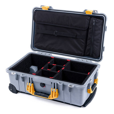 Pelican 1510 Case, Silver with Yellow Handles & Latches TrekPak Divider System with Computer Pouch ColorCase 015100-0220-180-240