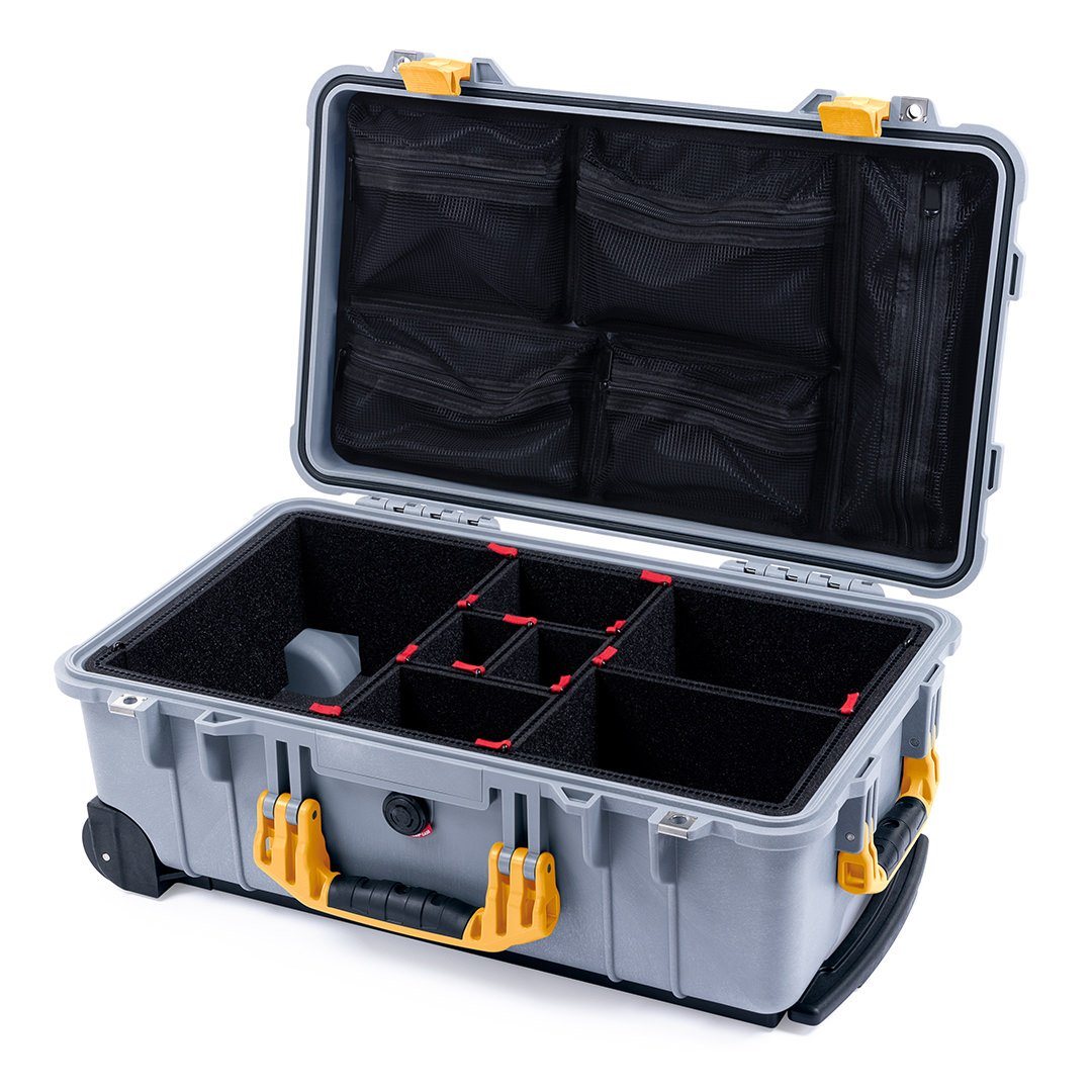 Pelican 1510 Case, Silver with Yellow Handles &amp; Latches TrekPak Divider System with Mesh Lid Organizer ColorCase 015100-0120-180-240
