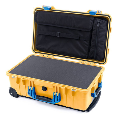 Pelican 1510 Case, Yellow with Blue Handles & Latches Pick & Pluck Foam with Computer Pouch ColorCase 015100-0201-240-120