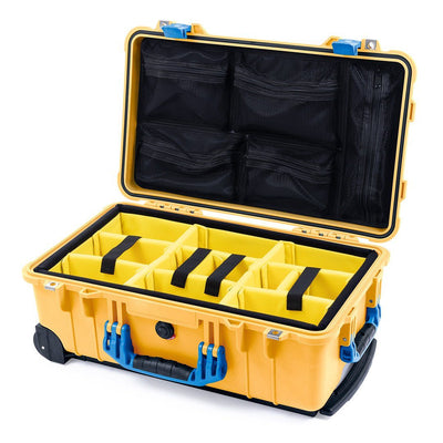 Pelican 1510 Case, Yellow with Blue Handles & Latches Yellow Padded Microfiber Dividers with Mesh Lid Organizer ColorCase 015100-0110-240-120