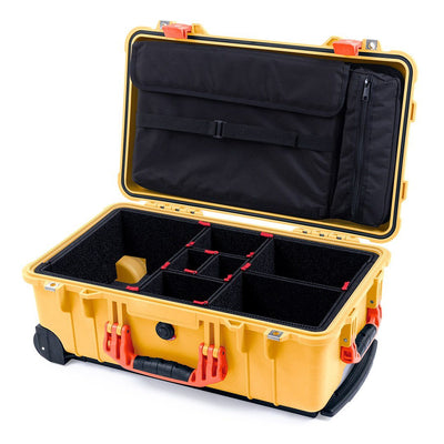Pelican 1510 Case, Yellow with Orange Handles & Latches TrekPak Divider System with Computer Pouch ColorCase 015100-0220-240-150