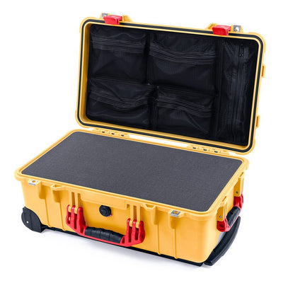 Pelican 1510 Case, Yellow with Red Handles & Latches Pick & Pluck Foam with Mesh Lid Organizer ColorCase 015100-0101-240-320