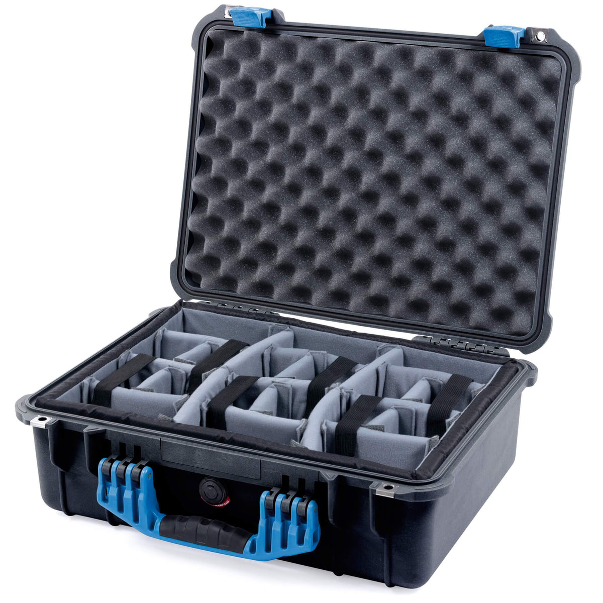 Pelican 1520 Case, Black with Blue Handle &amp; Latches Gray Padded Microfiber Dividers with Convolute Lid Foam ColorCase 015200-0070-110-120
