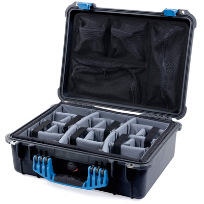 Pelican 1520 Case, Black with Blue Handle & Latches Gray Padded Microfiber Dividers with Mesh Lid Organizer ColorCase 015200-0170-110-120