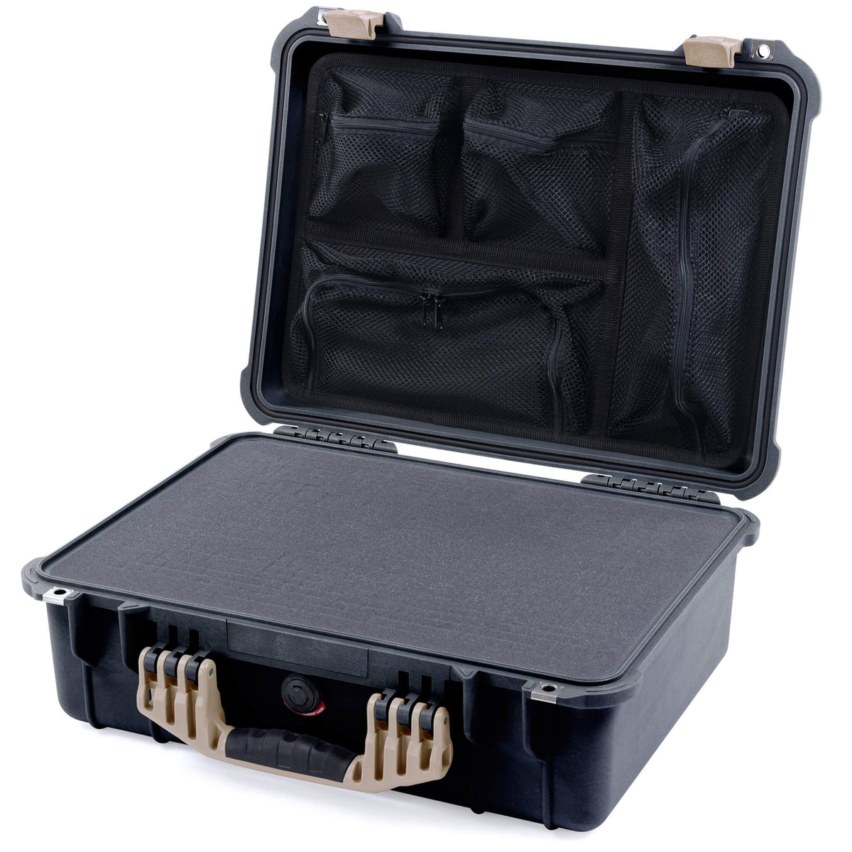 Pelican 1520 Case, Black with Desert Tan Handle &amp; Latches Pick &amp; Pluck Foam with Mesh Lid Organizer ColorCase 015200-0101-110-310