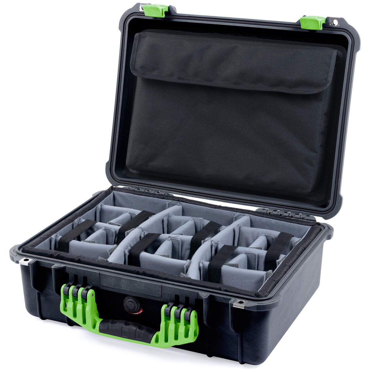 Pelican 1520 Case, Black with Lime Green Handle &amp; Latches Gray Padded Microfiber Dividers with Computer Pouch ColorCase 015200-0270-110-300