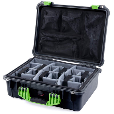 Pelican 1520 Case, Black with Lime Green Handle & Latches Gray Padded Microfiber Dividers with Mesh Lid Organizer ColorCase 015200-0170-110-300