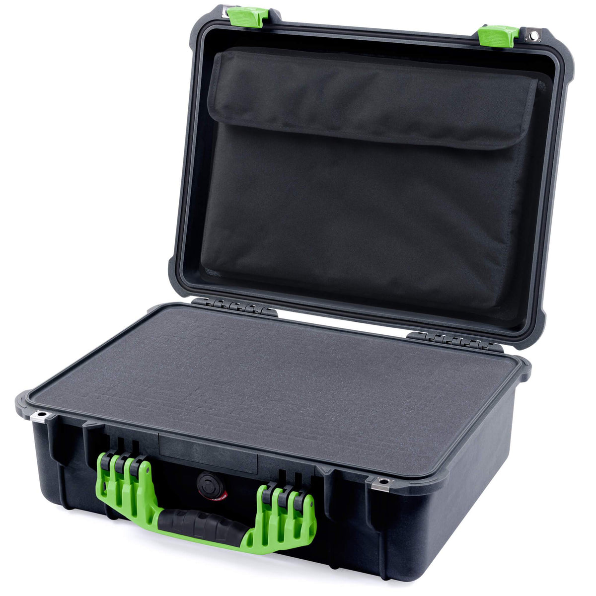 Pelican 1520 Case, Black with Lime Green Handle &amp; Latches Pick &amp; Pluck Foam with Computer Pouch ColorCase 015200-0201-110-300