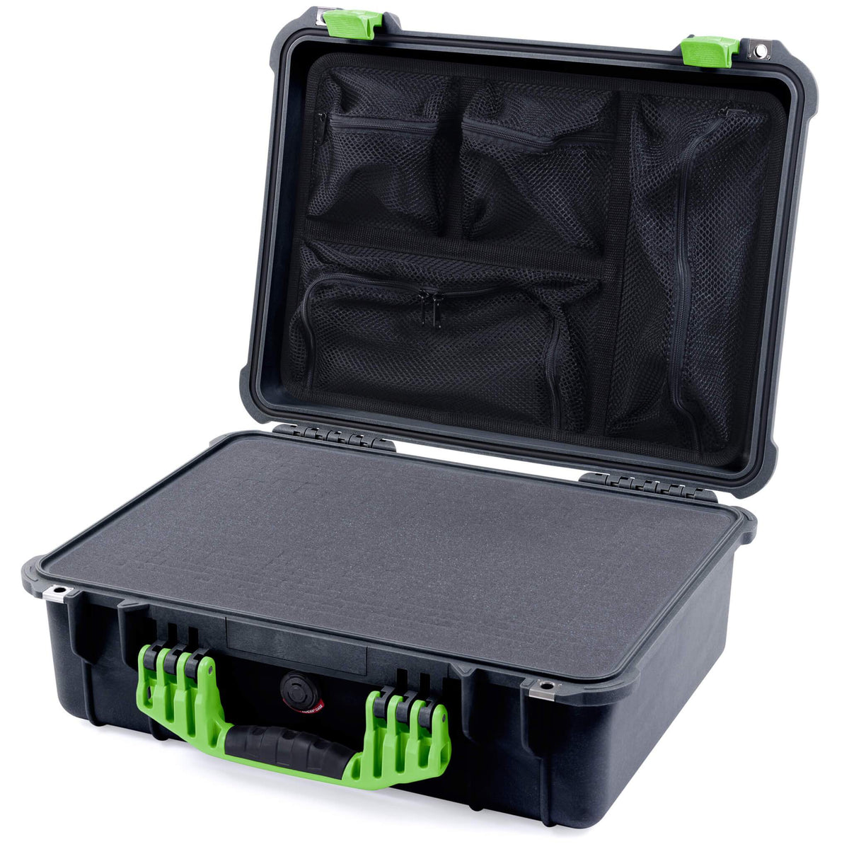 Pelican 1520 Case, Black with Lime Green Handle &amp; Latches Pick &amp; Pluck Foam with Mesh Lid Organizer ColorCase 015200-0101-110-300