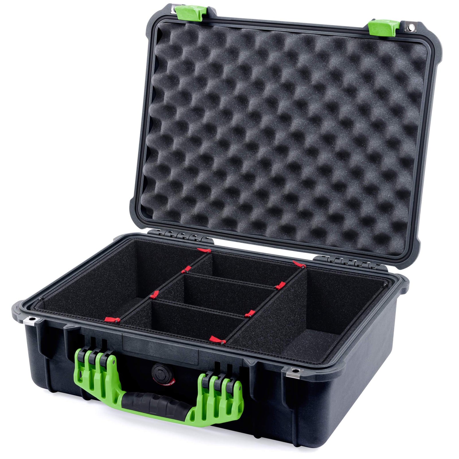 Pelican 1520 Case, Black with Lime Green Handle & Latches TrekPak Divider System with Convolute Lid Foam ColorCase 015200-0020-110-300