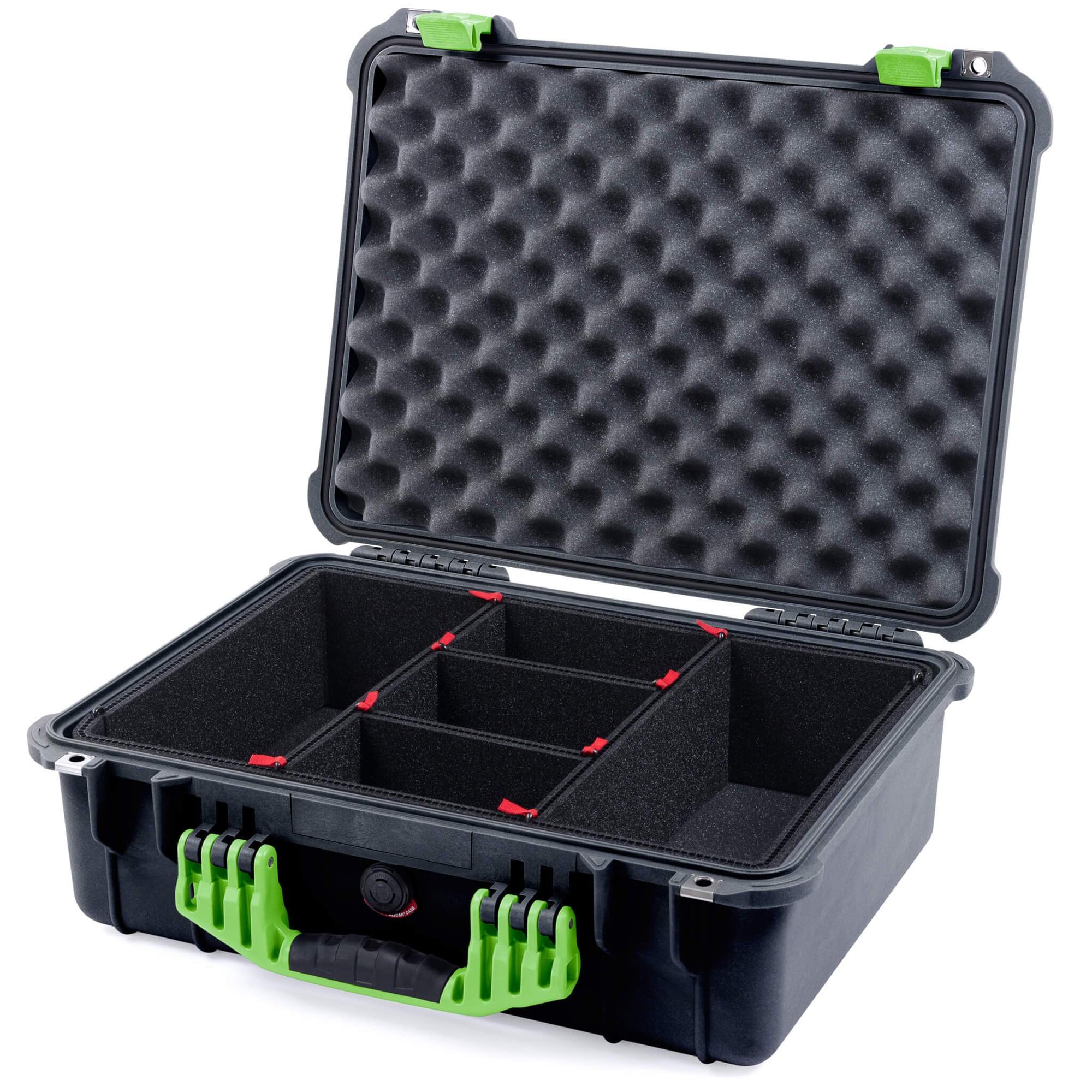 Pelican 1520 Case, Black with Lime Green Handle & Latches TrekPak Divider System with Convolute Lid Foam ColorCase 015200-0020-110-300