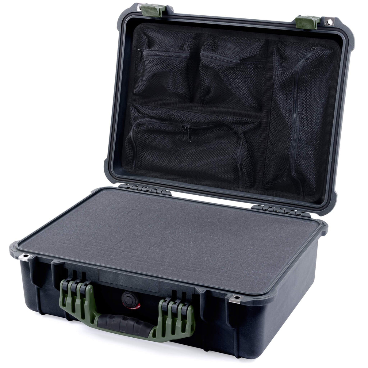 Pelican 1520 Case, Black with OD Green Handle &amp; Latches Pick &amp; Pluck Foam with Mesh Lid Organizer ColorCase 015200-0101-110-130