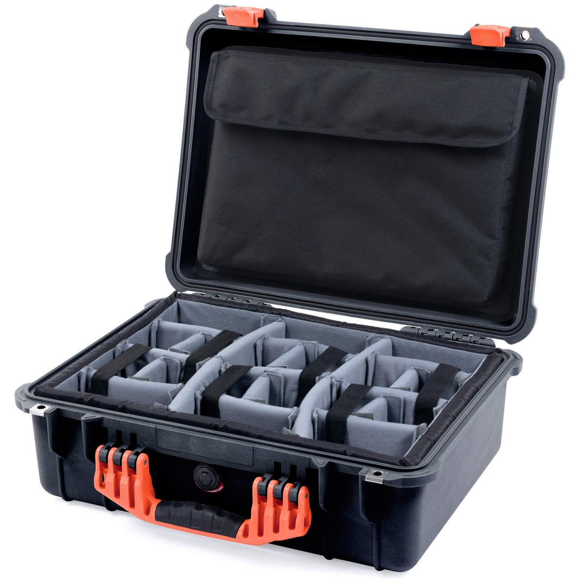 Pelican 1520 Case, Black with Orange Handle &amp; Latches Gray Padded Microfiber Dividers with Computer Pouch ColorCase 015200-0270-110-150