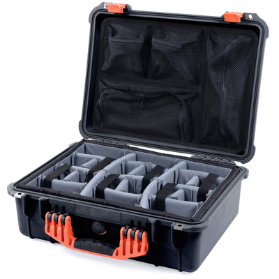 Pelican 1520 Case, Black with Orange Handle & Latches Gray Padded Microfiber Dividers with Mesh Lid Organizer ColorCase 015200-0170-110-150