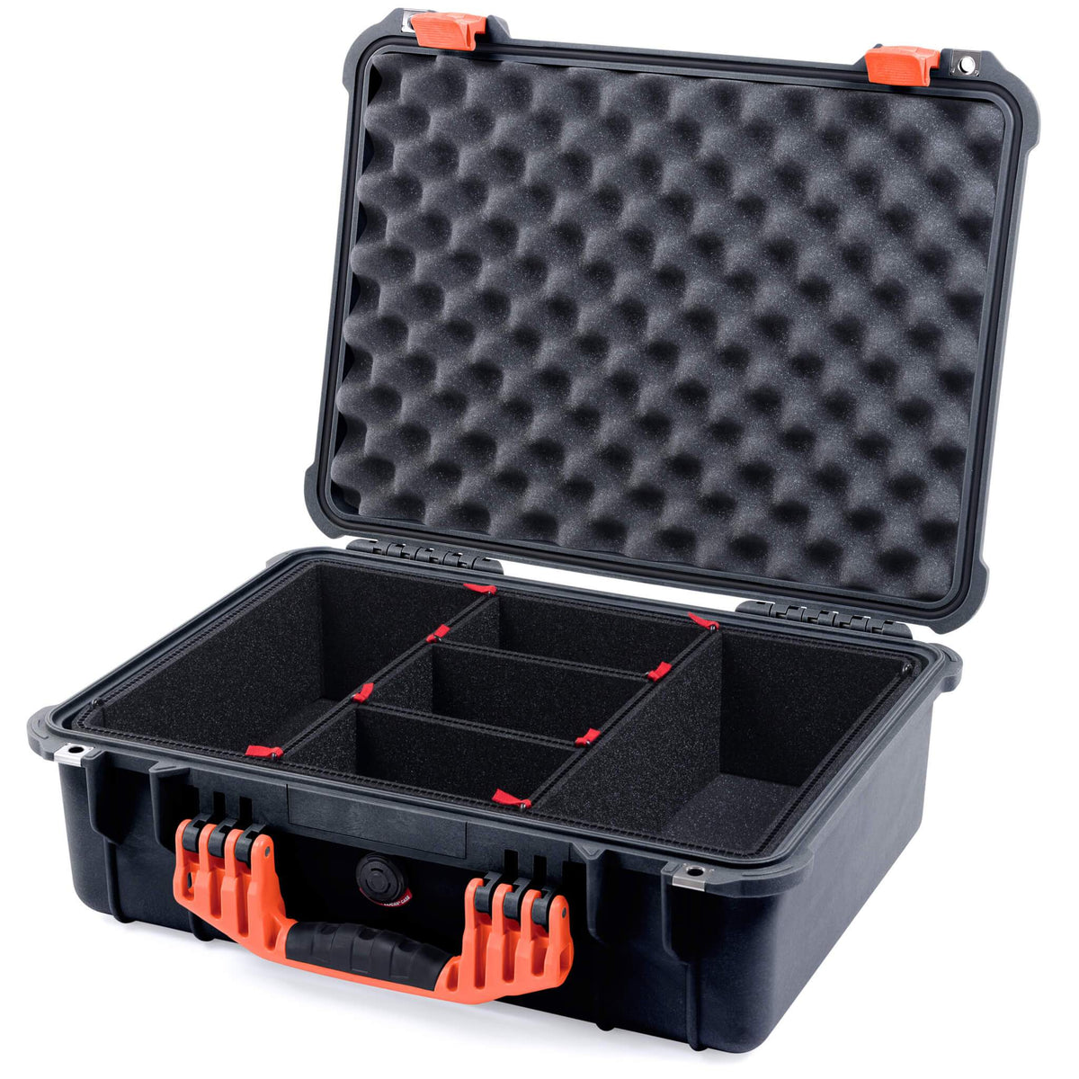 Pelican 1520 Case, Black with Orange Handle &amp; Latches TrekPak Divider System with Convolute Lid Foam ColorCase 015200-0020-110-150