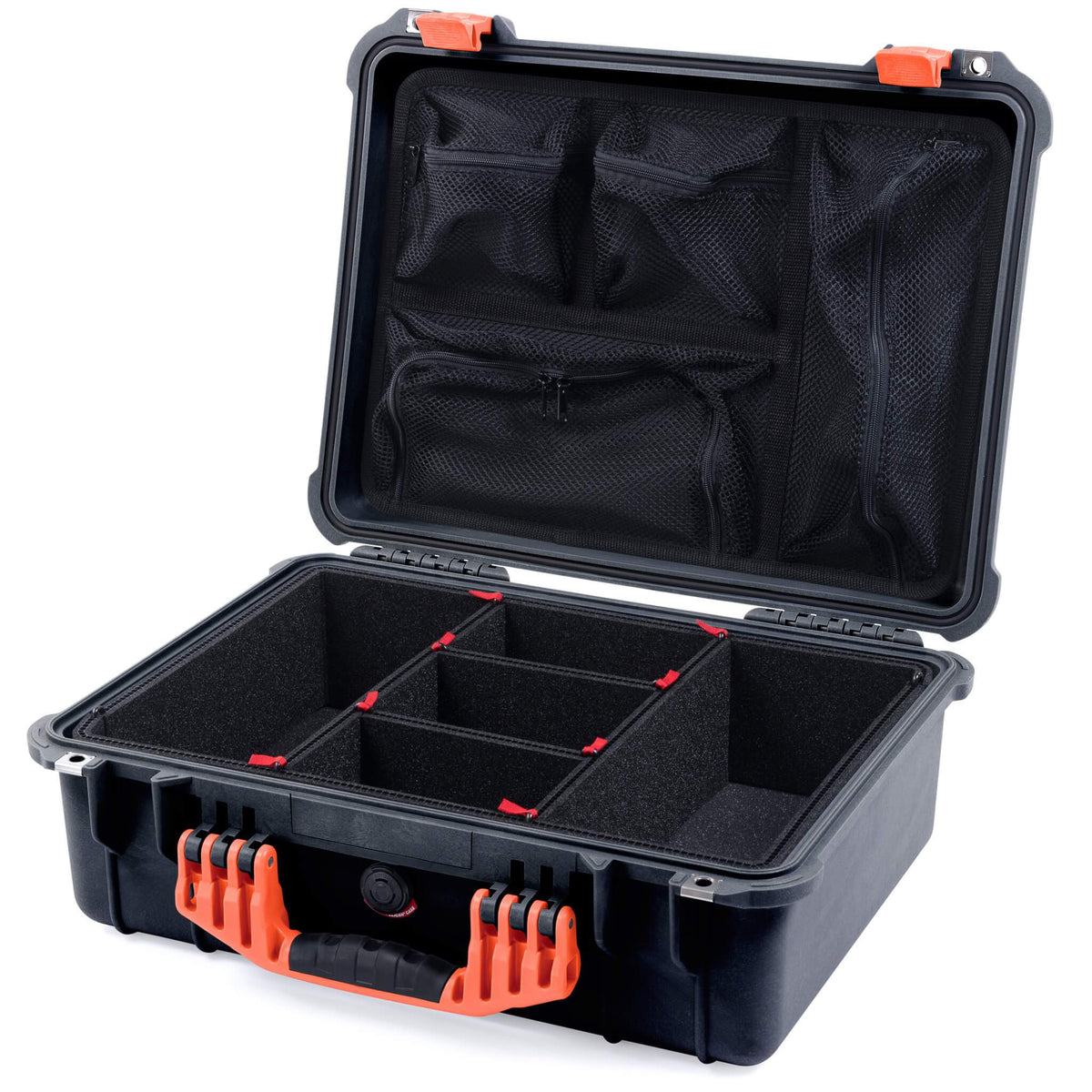 Pelican 1520 Case, Black with Orange Handle &amp; Latches TrekPak Divider System with Mesh Lid Organizer ColorCase 015200-0120-110-150