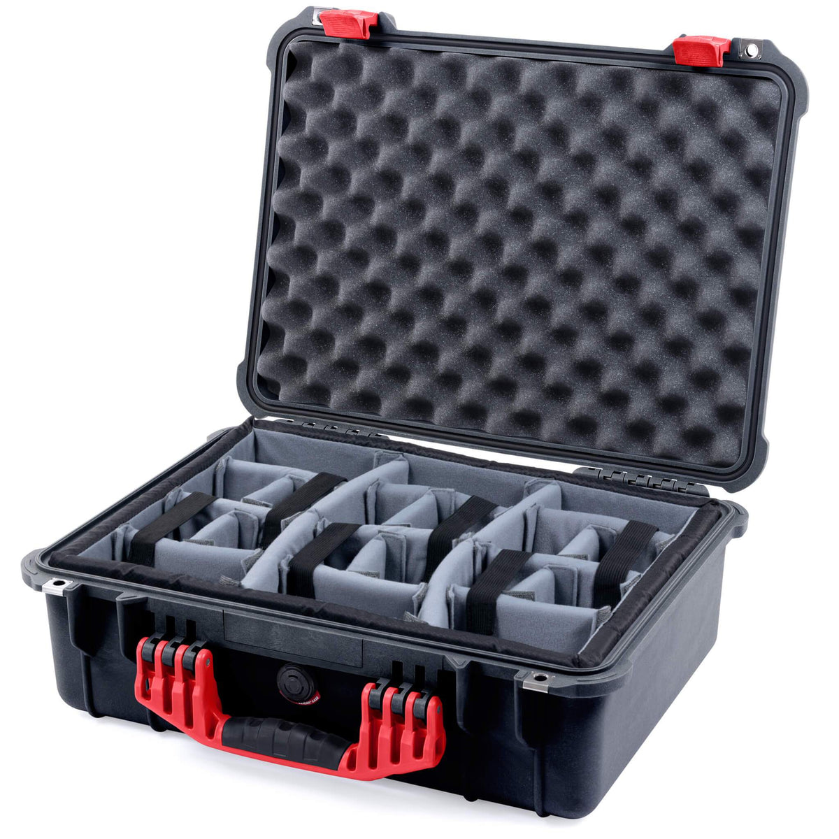 Pelican 1520 Case, Black with Red Handle &amp; Latches Gray Padded Microfiber Dividers with Convolute Lid Foam ColorCase 015200-0070-110-320