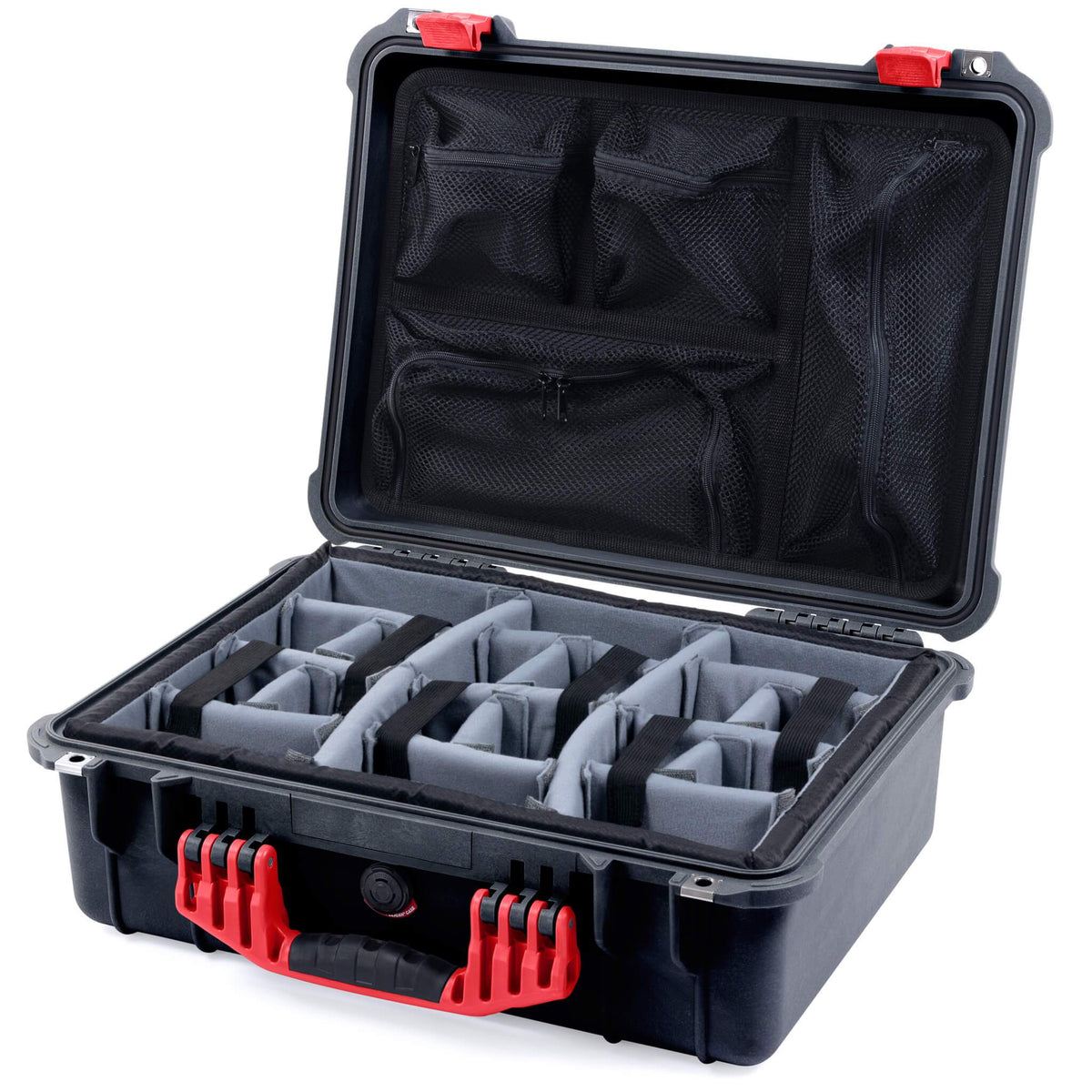 Pelican 1520 Case, Black with Red Handle &amp; Latches Gray Padded Microfiber Dividers with Mesh Lid Organizer ColorCase 015200-0170-110-320