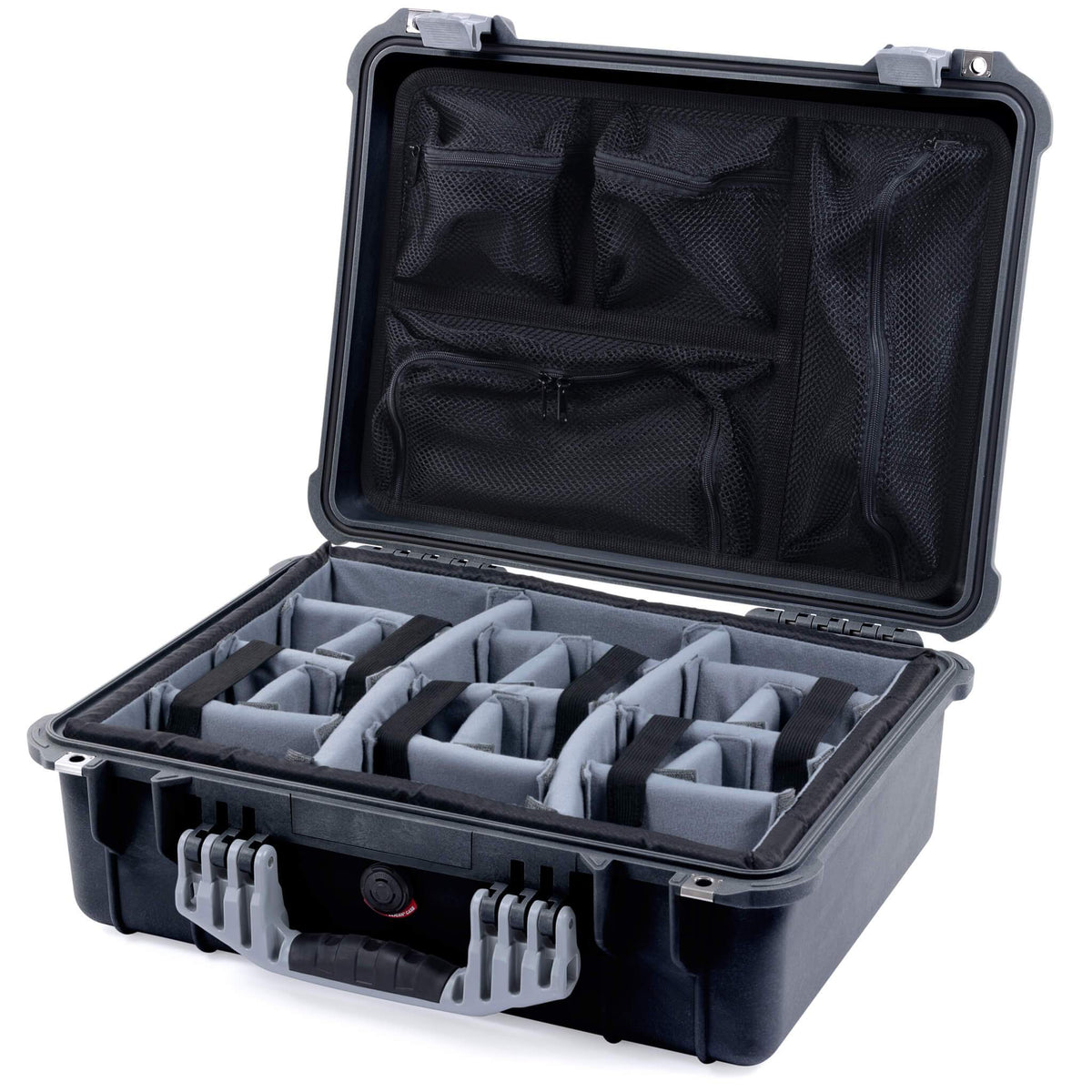 Pelican 1520 Case, Black with Silver Handle &amp; Latches Gray Padded Microfiber Dividers with Mesh Lid Organizer ColorCase 015200-0170-110-180