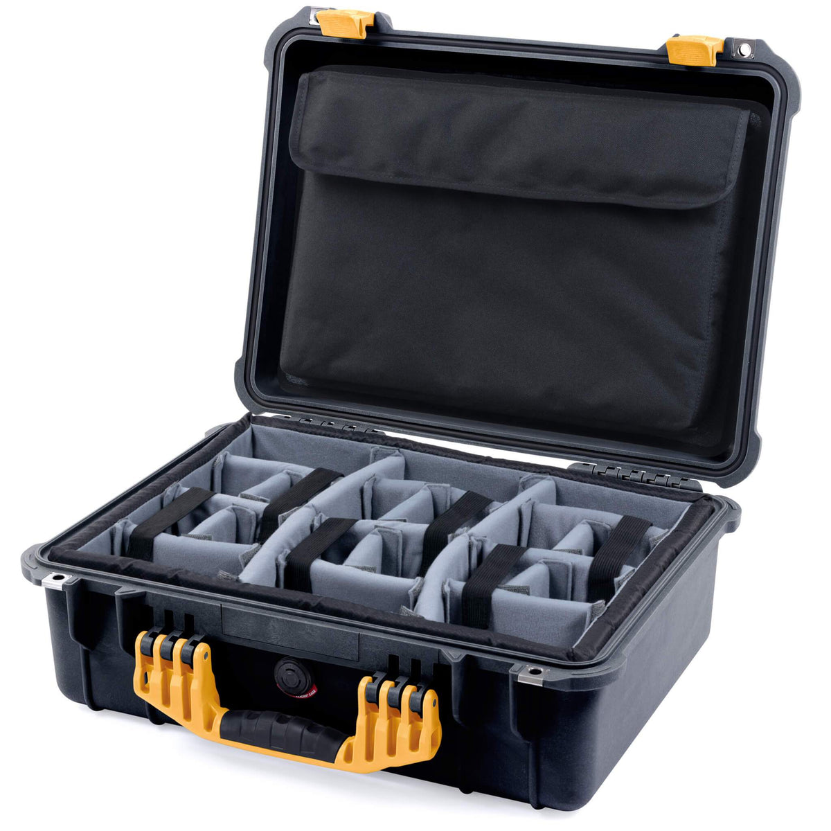 Pelican 1520 Case, Black with Yellow Handle &amp; Latches Gray Padded Microfiber Dividers with Computer Pouch ColorCase 015200-0270-110-240