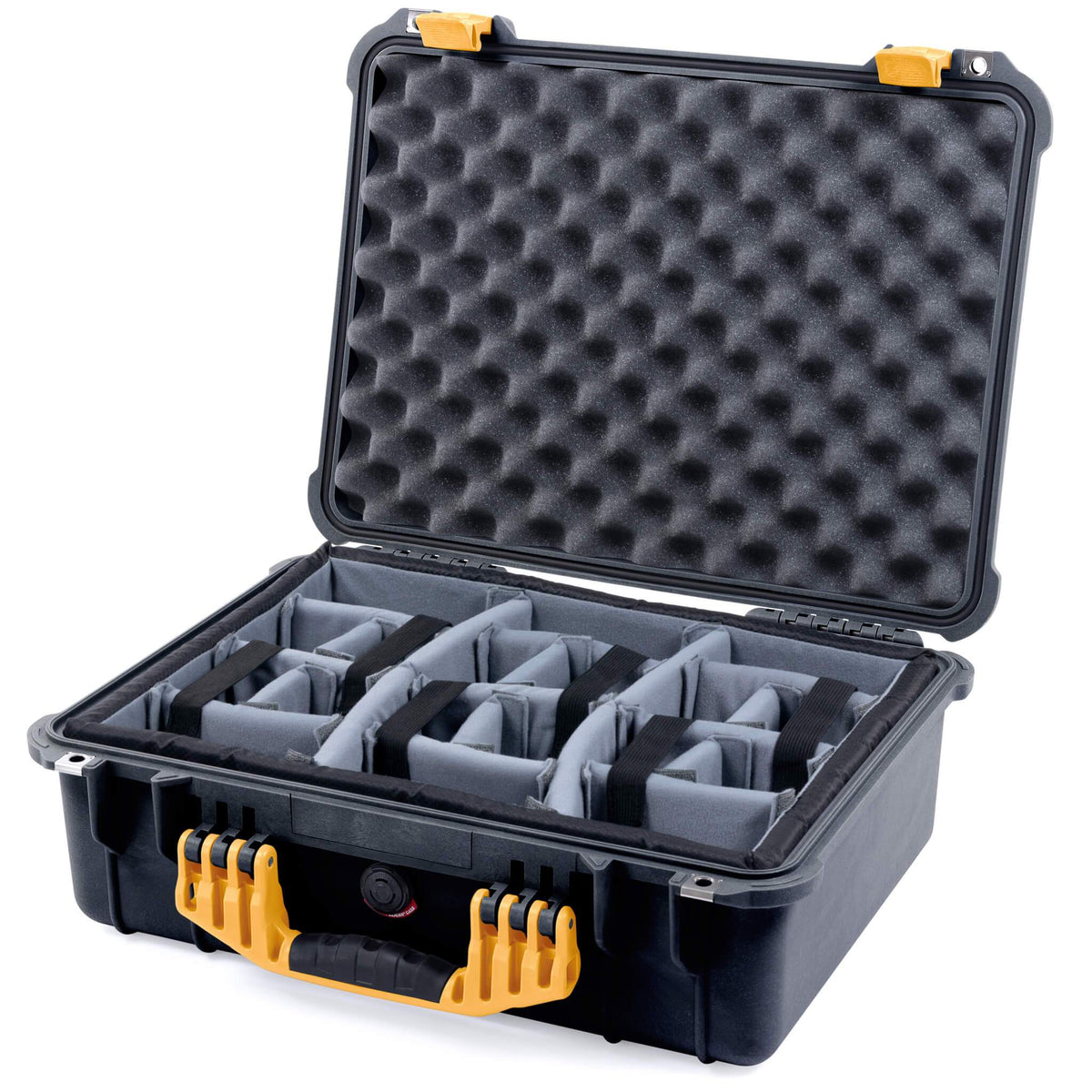 Pelican 1520 Case, Black with Yellow Handle &amp; Latches Gray Padded Microfiber Dividers with Convolute Lid Foam ColorCase 015200-0070-110-240