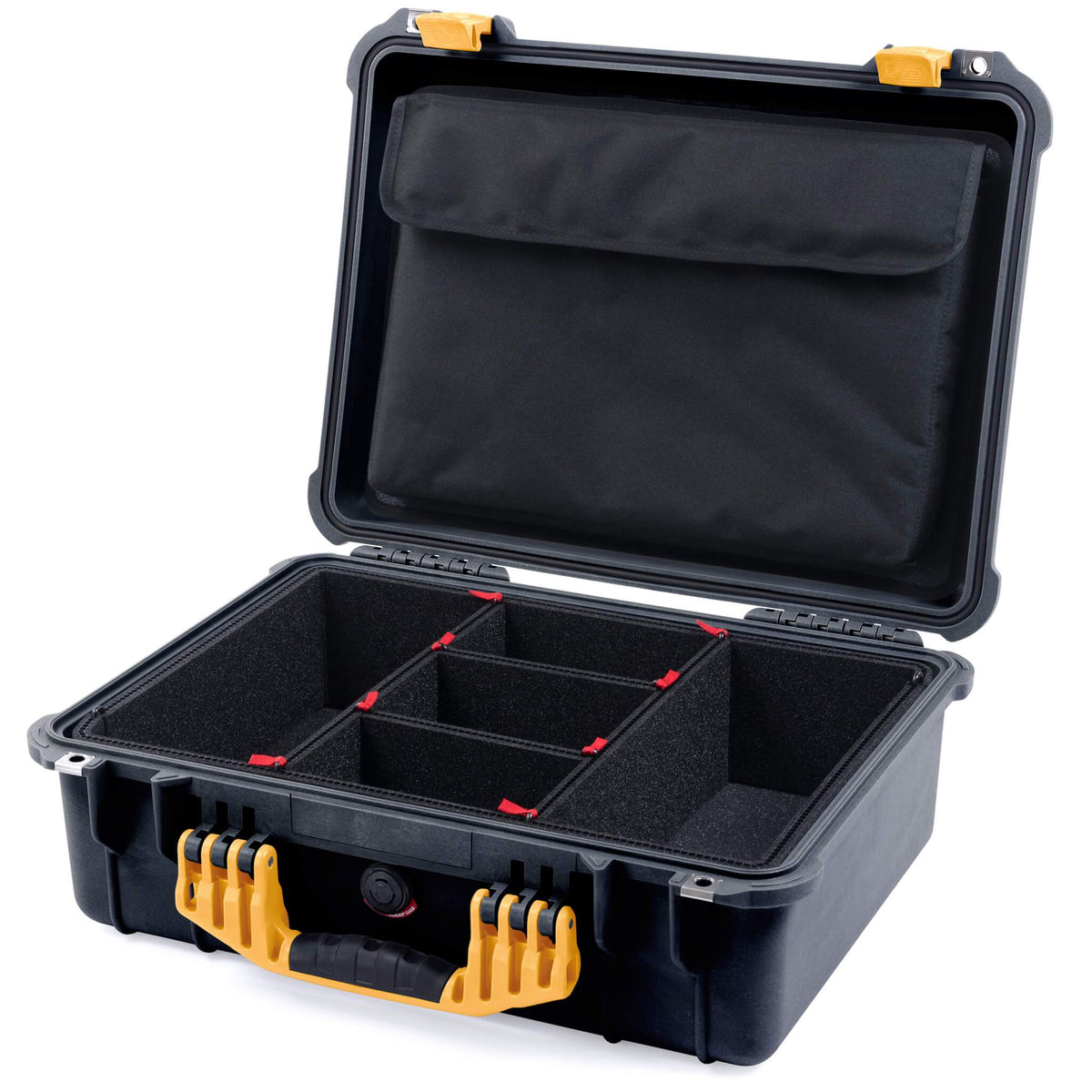 Pelican 1520 Case, Black with Yellow Handle &amp; Latches TrekPak Divider System with Computer Pouch ColorCase 015200-0220-110-240