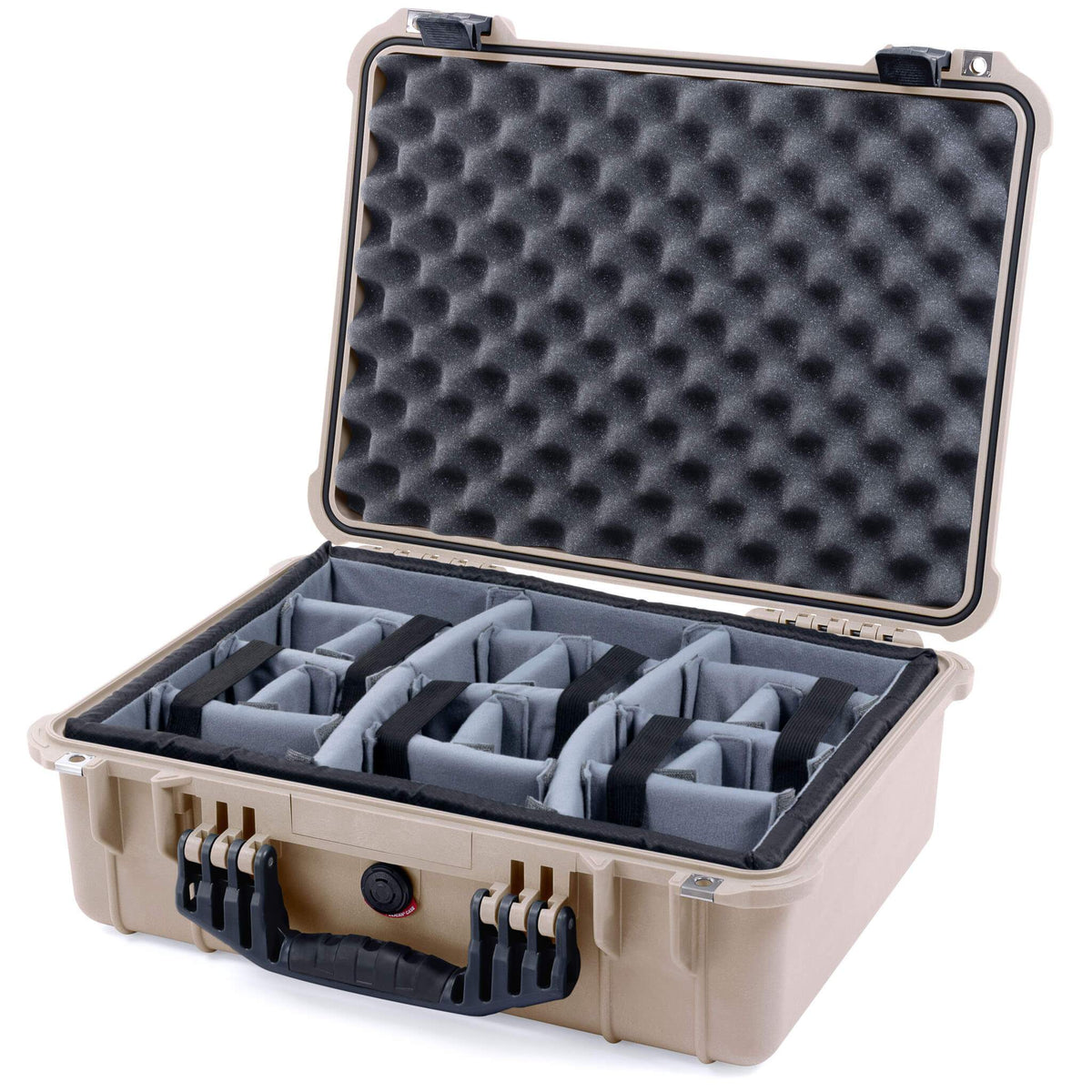 Pelican 1520 Case, Desert Tan with Black Handle &amp; Latches Gray Padded Microfiber Dividers with Convolute Lid Foam ColorCase 015200-0070-310-110