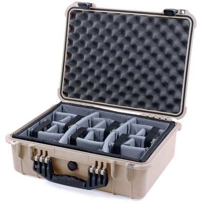 Pelican 1520 Case, Desert Tan with Black Handle & Latches Gray Padded Microfiber Dividers with Convolute Lid Foam ColorCase 015200-0070-310-110