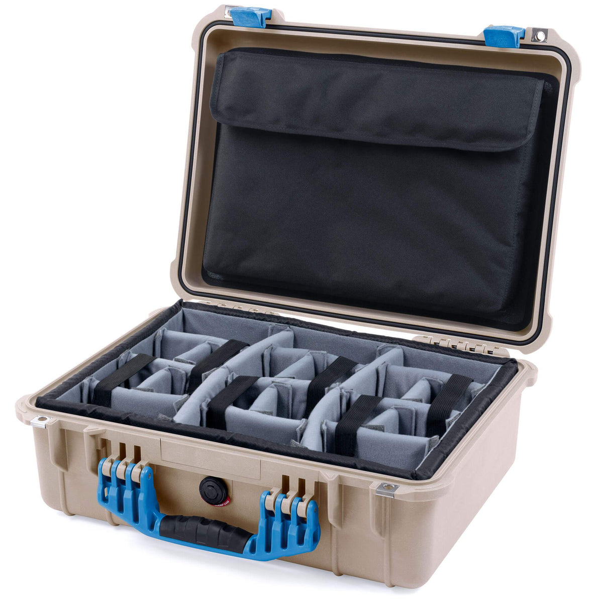 Pelican 1520 Case, Desert Tan with Blue Handle &amp; Latches Gray Padded Microfiber Dividers with Computer Pouch ColorCase 015200-0270-310-120