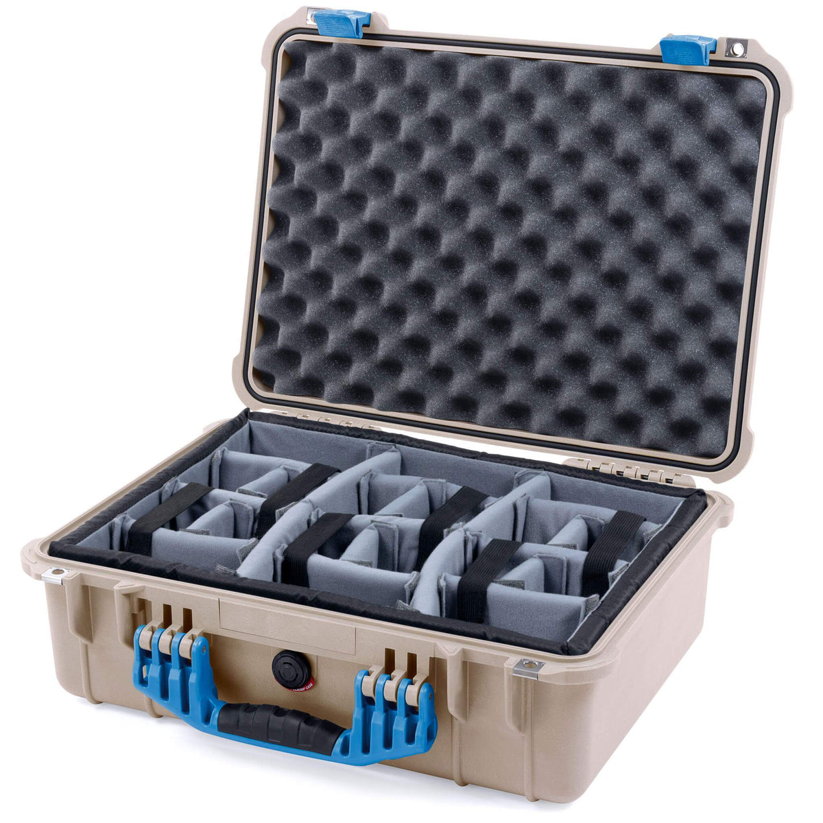 Pelican 1520 Case, Desert Tan with Blue Handle &amp; Latches Gray Padded Microfiber Dividers with Convolute Lid Foam ColorCase 015200-0070-310-120