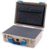 Pelican 1520 Case, Desert Tan with Blue Handle & Latches Pick & Pluck Foam with Computer Pouch ColorCase 015200-0201-310-120