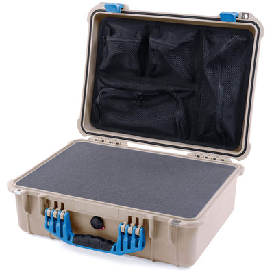 Pelican 1520 Case, Desert Tan with Blue Handle & Latches Pick & Pluck Foam with Mesh Lid Organizer ColorCase 015200-0101-310-120