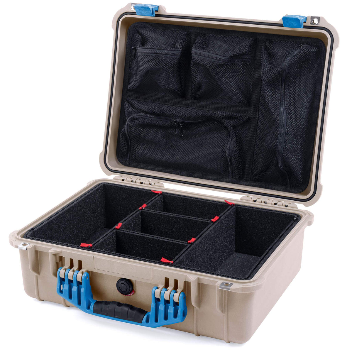 Pelican 1520 Case, Desert Tan with Blue Handle &amp; Latches TrekPak Divider System with Mesh Lid Organizer ColorCase 015200-0120-310-120