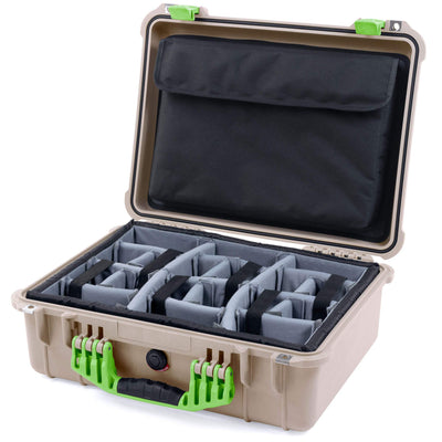 Pelican 1520 Case, Desert Tan with Lime Green Handle & Latches Gray Padded Microfiber Dividers with Computer Pouch ColorCase 015200-0270-310-300