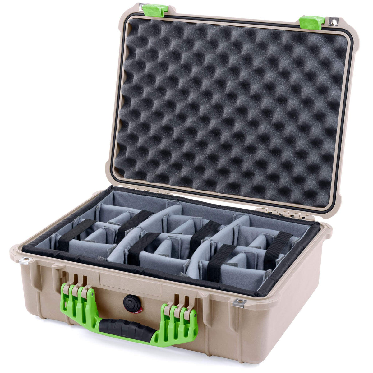 Pelican 1520 Case, Desert Tan with Lime Green Handle &amp; Latches Gray Padded Microfiber Dividers with Convolute Lid Foam ColorCase 015200-0070-310-300