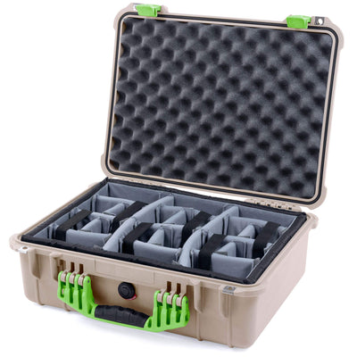 Pelican 1520 Case, Desert Tan with Lime Green Handle & Latches Gray Padded Microfiber Dividers with Convolute Lid Foam ColorCase 015200-0070-310-300